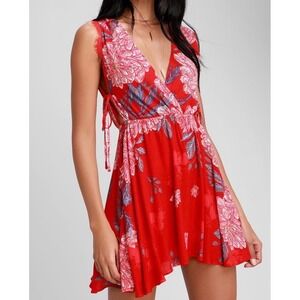 Intimately Free People Mini Dress Red Floral Lace Trim‎ Open Back Womens L